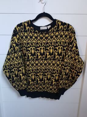 Vtg Retro Bonwit Teller Geometric Eclectic Grandpa Heavy Knit Black Gold Sweater